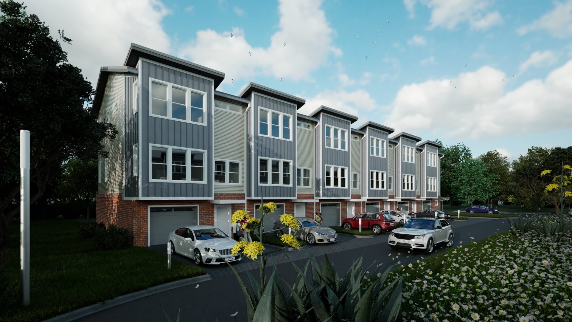 The Magnolia at Forest Park — Architectural rendering of townhome community at dusk