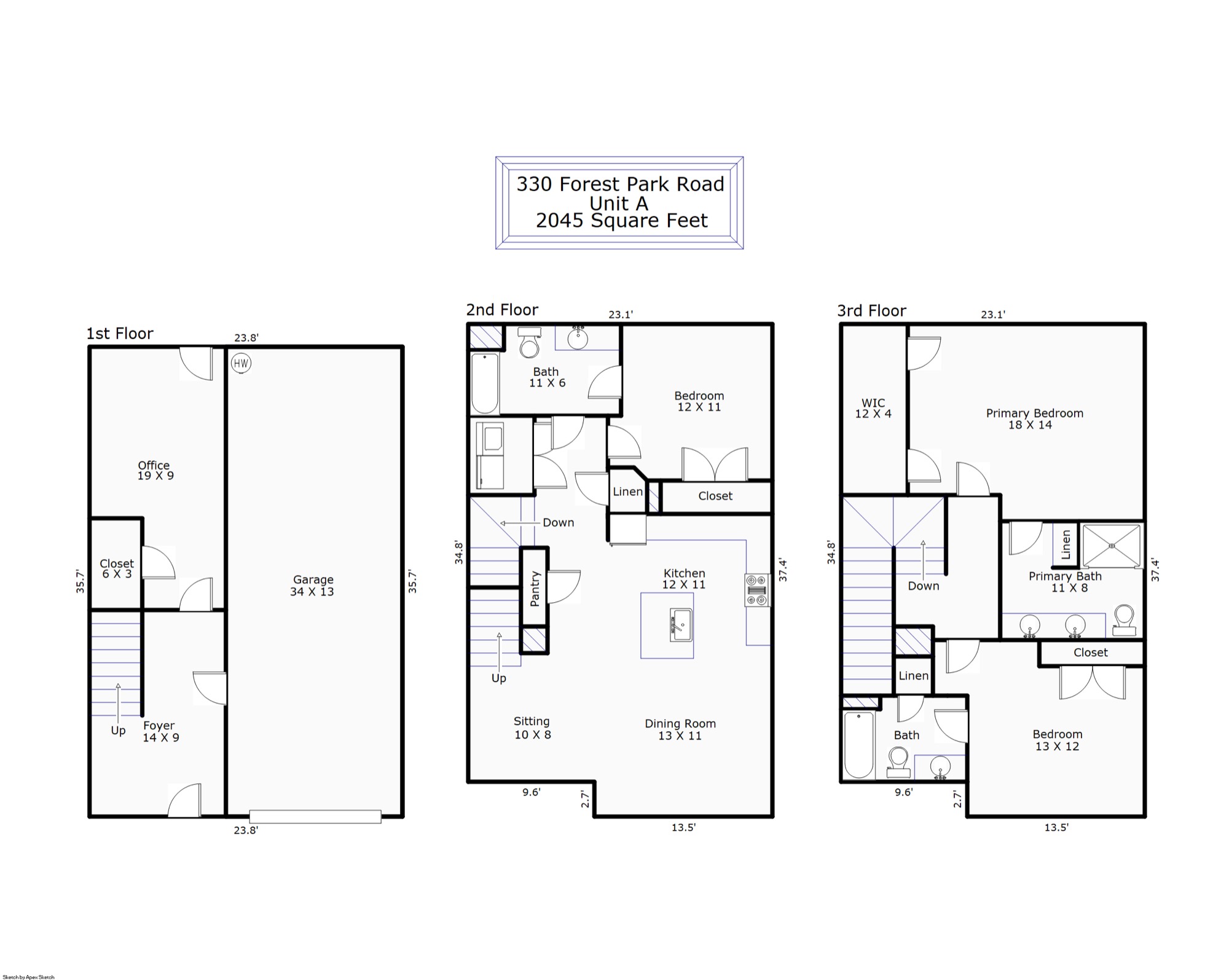 Measured floor plan — The Azalea end unit (326 Unit F / 330 Unit A), 2,045 square feet, all three floors