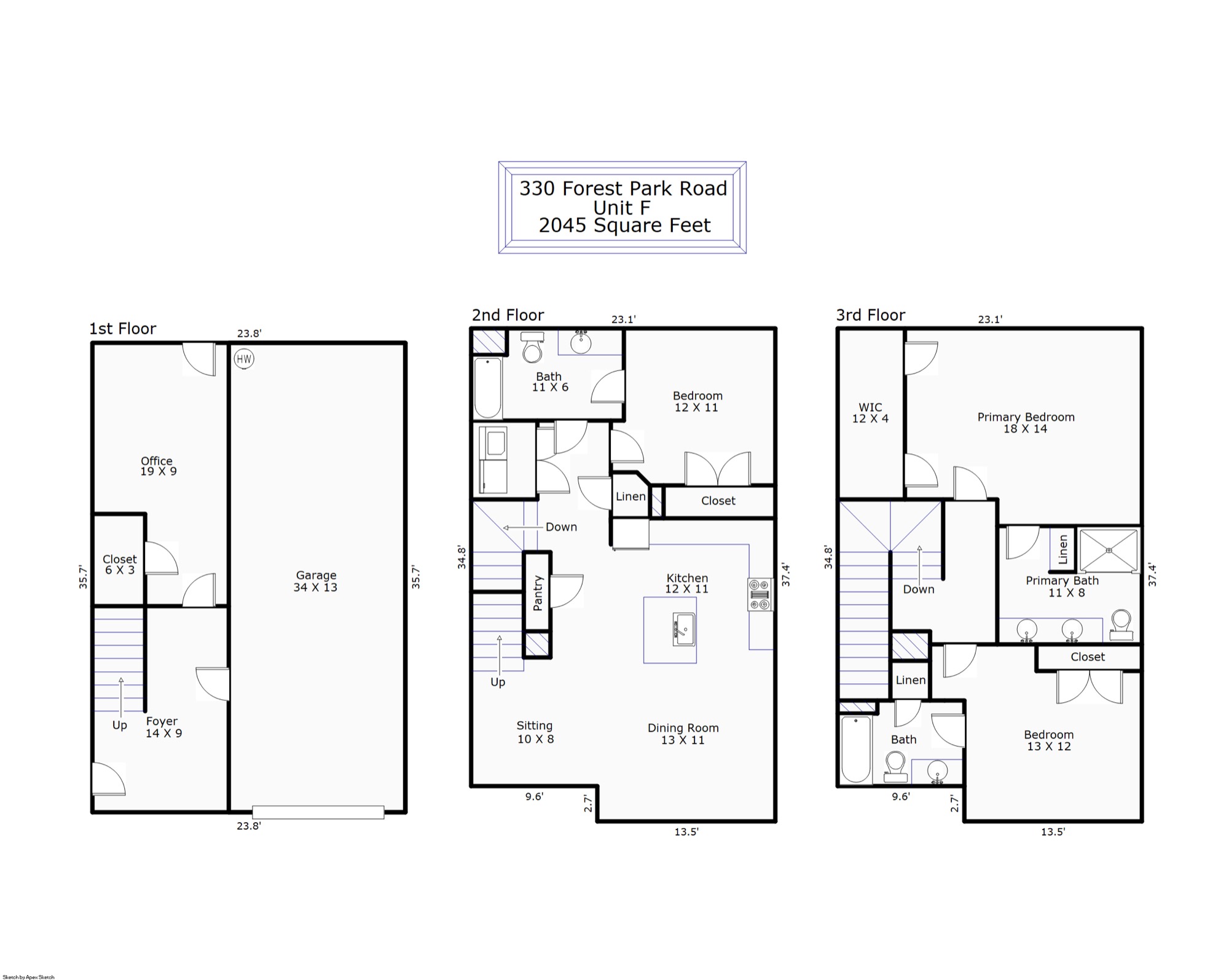 Measured floor plan — The Magnolia end unit (326 Unit A / 330 Unit F), 2,045 square feet, all three floors