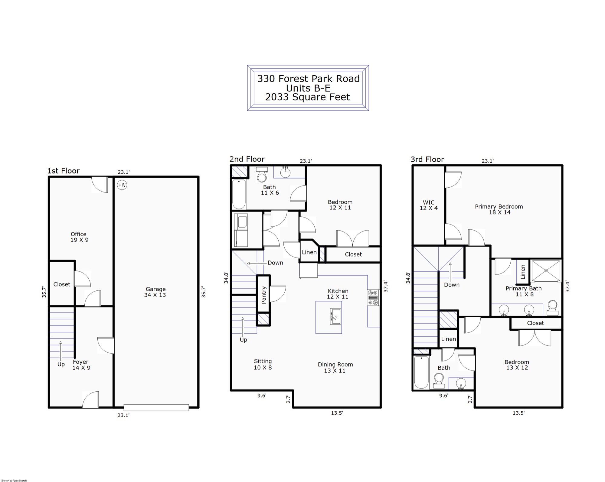 Measured floor plan — The Camelia (Units B through E interior), 2,033 square feet, all three floors